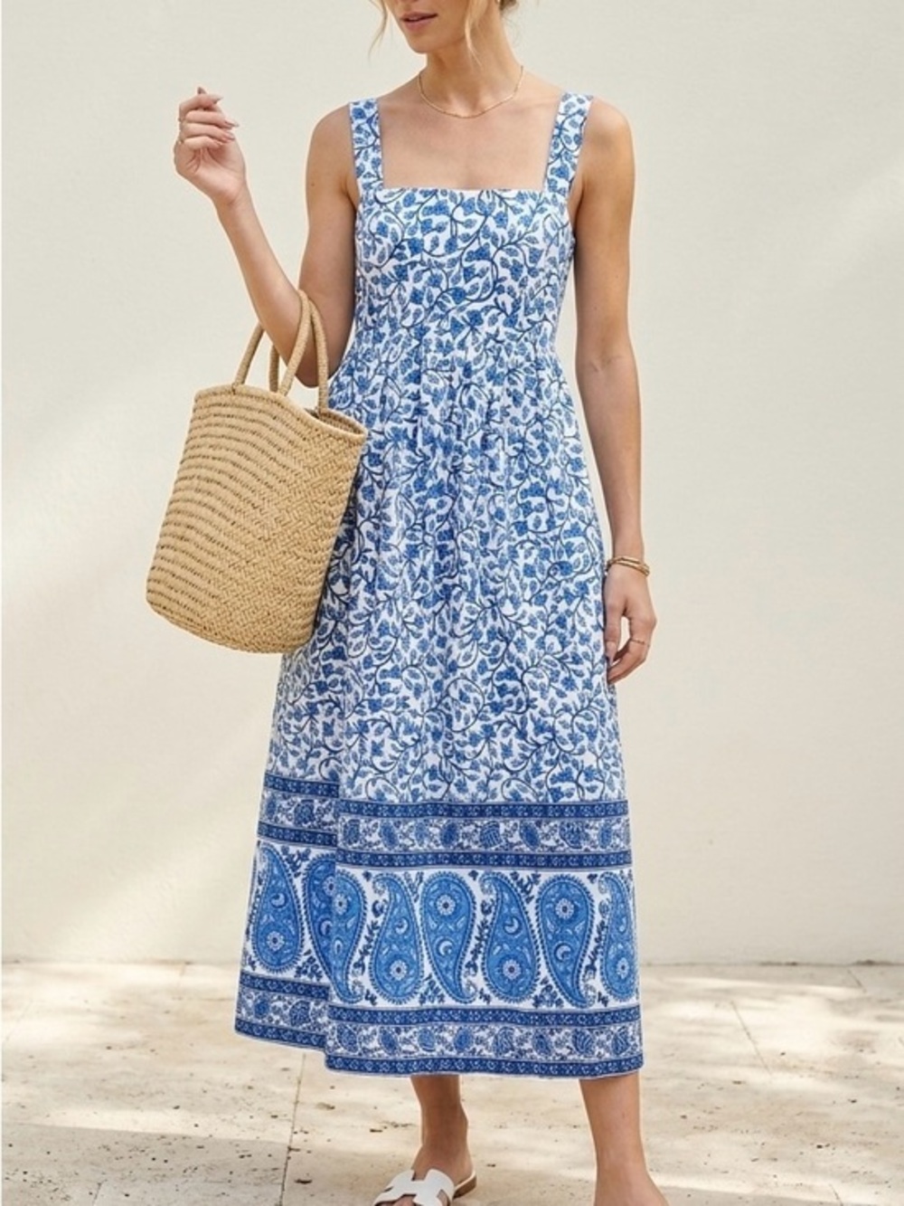 J. CREW Squareneck Midi Dress In Bandana Block Print Blue White 00P CM942 NWOT